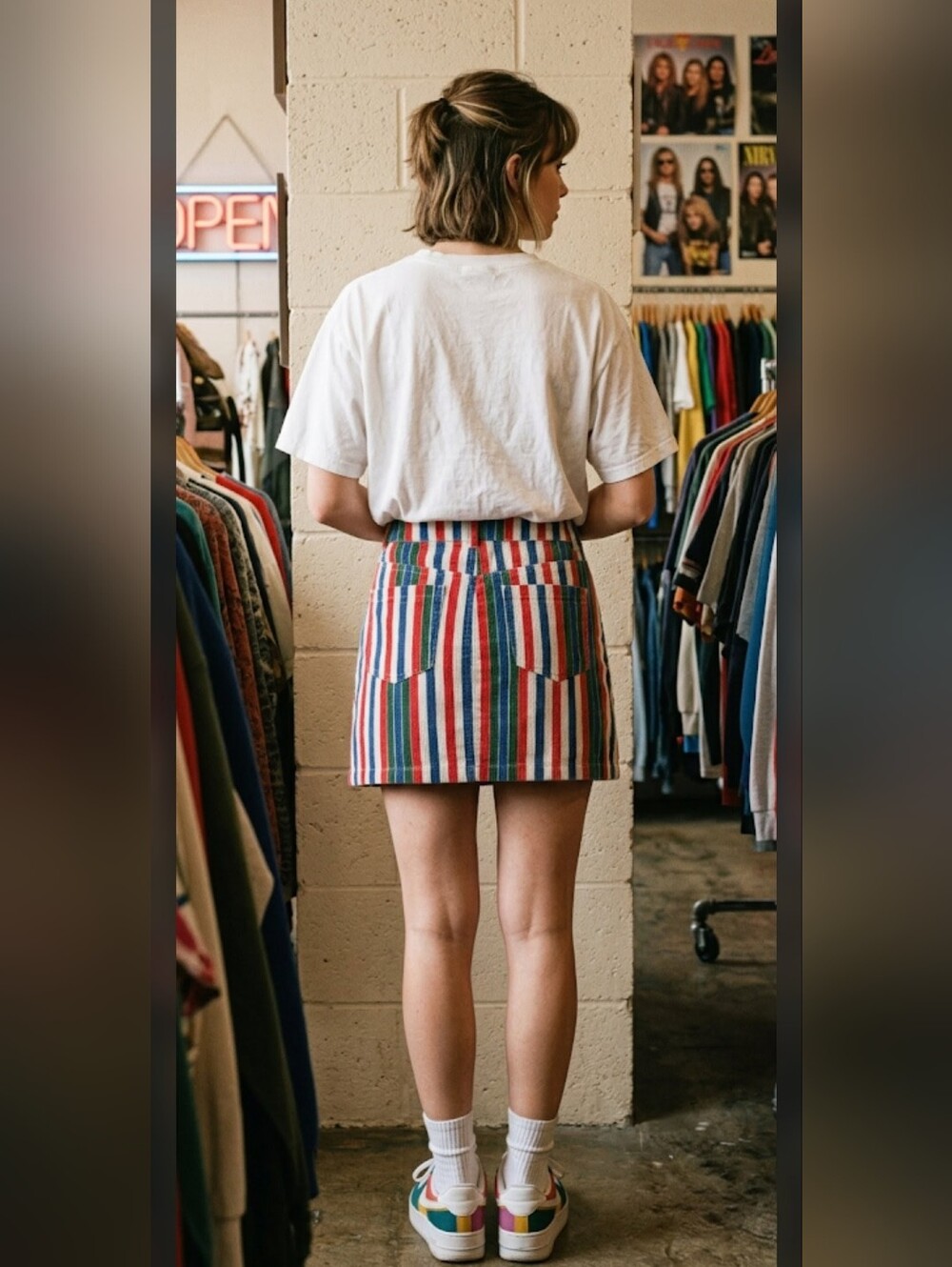 Forever 21 Stiped Denim Mini Skirt M 90s Grunge Rainbow #7900
